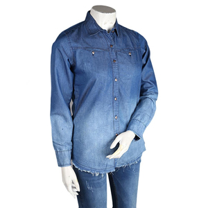 Camisa Vaquera de Manga Larga Azul Lavado para Mujer, de Alta Calidad, con Botones Delanteros y Dobladillo sin Rematar, Estilo Western Casual, Novedad 2026 - Product Image 1