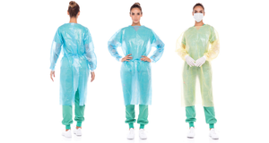 Robes de niveau 3 et 4 d'usure d'isolement médical avec des poignets tricotés de film imperméable de PP et de PE EPI abordables jetables du Bangladesh - Product Image 6