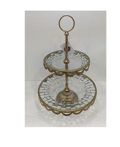 Plateau de luxe à deux étages en verre et métal pour les collations de mariage, support à gâteau, service, design moderne, multifonctionnel, haute qualité - Product Image 1