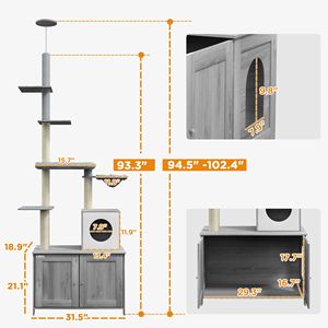 Árbol para gatos 2 en 1 gris, de suelo a techo, con caja de arena, cama tipo condominio, hamaca, postes rascadores, plataformas y casas para gatos, en embalaje de cartón - Product Image 3
