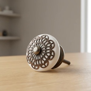 <b>Ceramic</b> Cabinet <b>Knob</b> Round Traditional Design Antique Brass Filigree Flower Handle for Drawer Storage Closet - Product Image 1