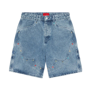 Shorts pour hommes en denim délavé brillant, coupe ample, avec fermeture boutonnée, orné de strass de haute qualité, style décontracté et éco-responsable, inspiré de la mode urbaine. - Product Image 1