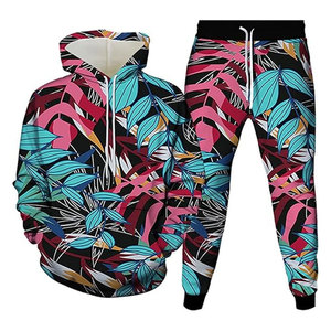 Ensemble de survêtement 2 pièces pour homme grande taille, imprimé tendance, effet délavé, avec sweat à capuche et pantalon de jogging, impression personnalisée, 100 % coton - Product Image 1