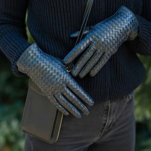Guantes de cuero tejido para hombre, guantes negros con diseño trenzado de dedos completos, guantes de vestir a la moda, guantes cálidos de invierno - Product Image 1