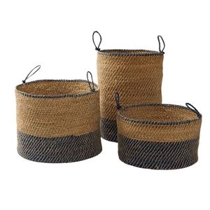 Handwoven Natural Seagrass Storage <b>Basket</b> Set with Black Trim, Decorative Round Woven Organization Bin for Home Decor <b>Basket</b> - Product Image 1