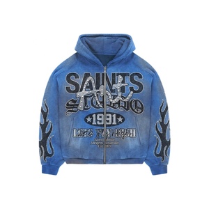 Sweat à capuche zippé surdimensionné personnalisé pour homme Saints Global, en molleton de coton, style streetwear, avec logo avant en strass embossé, bleu, vêtement d'hiver, USA - Product Image 1