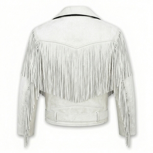 Chaqueta de Cuero con Flecos Blancos Personalizada para Hombre y Mujer, Estilo Vaquero Occidental, Motero, Chaqueta de Cuero PU Vintage con Flecos - Product Image 3