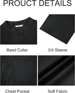<b>Men's</b> Black <b>Henley</b> <b>Shirt</b> Solid Color Button Down Casual Style Woven Fabric Long Sleeve Top - Product Image 5