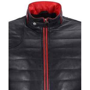Chaqueta Acolchada de Cuero Negra para Hombre con Ribete Rojo, Cuello Alto y Cierre de Cremallera, Producto Terminado para la Temporada de Invierno - Product Image 4