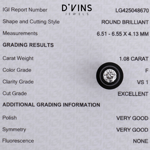 เพชร D'vins Jewels 1.08 กะรัต สี F ความสะอาด VS1 คุณภาพการเจียระไน EX ขัดเงา VG เพชร HPHT พร้อมสต็อกสำหรับทำเครื่องประดับ - Product Image 4