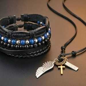 Vintage Explorer Fashion Jewelry Set COMBO Crosswing Relic Pendant & Twilight Forge Leather Bracelet for Men - Product Image 1