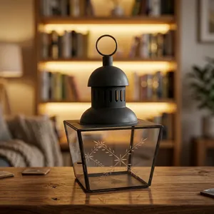 Lanterne en fer artisanale avec panneaux en verre transparent, finition noire, décoration d'intérieur, porte-bougie en métal, modèle durable L985 - Product Image 1