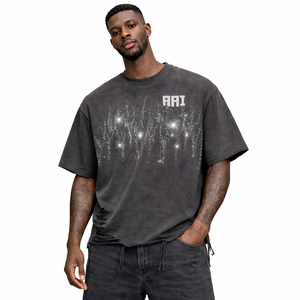 T-shirts pour hommes personnalisés avec logo OEM, strass brillants, 100% coton, effet vieilli, lavage à l'acide, streetwear de luxe, tee-shirt surdimensionné - Product Image 1