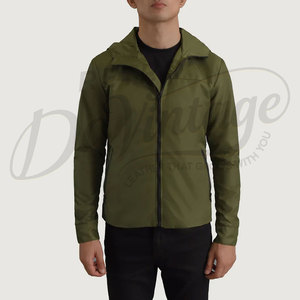 Mens Olive Green Lightweight Windbreaker <b>Jacket</b> with Hood <b>Slim</b> <b>Fit</b> Water Resistant Outdoor Softshell Casual Sporty Coat - Product Image 3