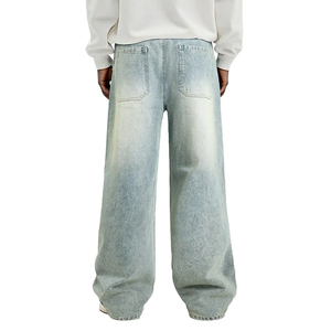 Jean en denim streetwear à jambe large, taille haute, coupe ample, en coton, pour homme, couleur unie, style automne - Product Image 3