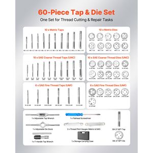 Set di 60 Maschi e Filiere per Macchine Utensili, Misure Metriche e SAE da M3 a M12 # Set di maschiatura filettati grossi e fini da 4 a 1/2 pollici con chiave di portautensili - Product Image 2