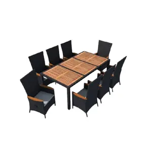 带聚乙烯黑藤的高靠背餐椅套装1张桌子，8张椅子-用于户外家具-越南出口