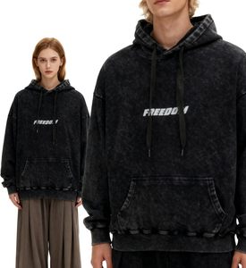 Sweat-shirt à capuche oversize pour homme, noir, en coton French Terry délavé à l'acide, imprimé Freedom, décontracté, pour l'automne - Product Image 5