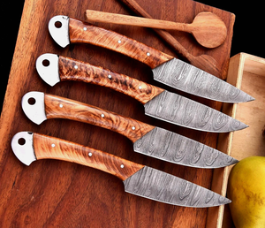 Ensemble de 5 couteaux à steak en acier Damas de haute qualité, personnalisables OEM, lames droites à biseau, manches en bois de Wengé - Product Image 4