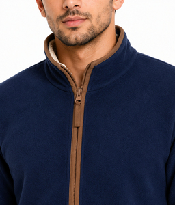 Veste polaire zippée intégrale pour homme, bleu marine uni, col montant, avec bordure contrastante marron, chaude et douce, idéale pour l'hiver et les tenues décontractées - Product Image 4