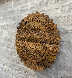 Panneau mural décoratif rond en bois massif naturel sculpté à la main avec motifs floraux pour canapé-lit et décoration intérieure - Product Image 5