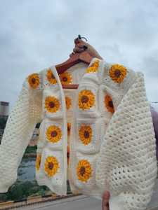 Women's <b>White</b> Crocheted <b>Cardigan</b> With Yellow Sunflower Appliques Puff Sleeve Bohemian Spring Open Front <b>Knit</b> Sweater - Product Image 3