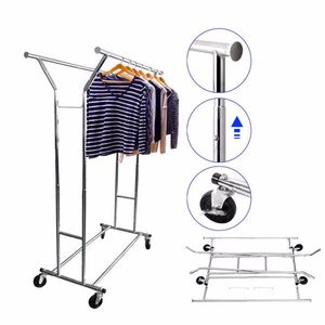 Portable Double Bar Steel <b>Clothes</b> <b>Rack</b> Silver Finish - Product Image 6