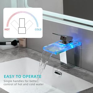 Rubinetto per Lavabo Bagno con Luce LED, 3 Colori Cangianti, Cascata in Vetro, Miscelatore Acqua Calda e Fredda, Monocomando da Appoggio - Product Image 5