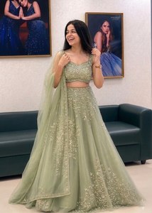 Green Embroidered Lehenga Set <b>Net</b> Unstitched Indian Wedding Outfit Two Piece Dress With <b>Dupatta</b> - Product Image 3