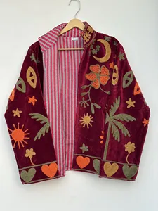 Bohemian Burgundy <b>Velvet</b> Suzani <b>Jacket</b> with Tropical Floral Embroidery Full Sleeve Stand Collar Women's Autumn Outerwear - Product Image 2