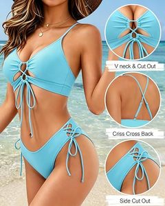 Women's <b>Blue</b> Two Piece <b>Bikini</b> <b>Set</b> Plunge Neck Cut-Out Drawstring Side Tie Swimwear - Product Image 4