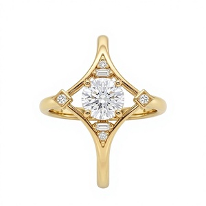 Anillos de Moda Art Deco con Diamantes Cultivados en Laboratorio, Anillo de Compromiso Único con Halo Geométrico de Diamantes Redondos en Oro Rosa Sólido de 14K - Product Image 5