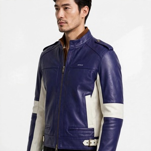 Chaqueta de Motociclista de Cuero Genuino para Hombre, con Bloques de Color, Cuello Alto y Cierre de Cremallera - Product Image 4
