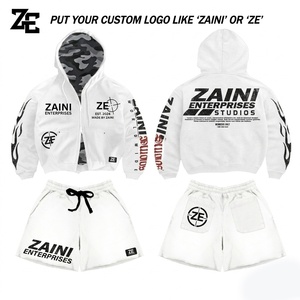 Ensemble sweat à capuche et short pour homme, molleton de coton 320 GSM, doublure camouflage blanc, logo personnalisé sérigraphié, survêtement streetwear - Product Image 1