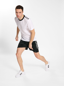 Men's <b>White</b> Sport T-Shirt With Black Geometric Print And Black Shorts Set Quick Dry Knitted Polyester Summer Gym Wear - Product Image 1