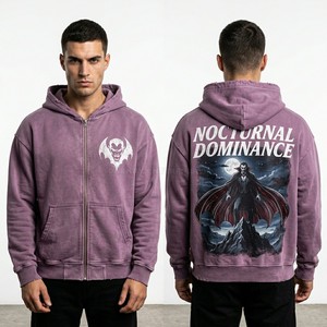 Custom Purple Acid Wash Zip Hoodie Men Oversized Streetwear Vampire Cape Graphic Print Vintage Style Fleece Zip Up Hoodie - Product Image 1