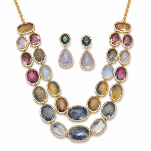 Ensemble de bijoux de luxe en argent 925 plaqué or avec pierres précieuses multicolores, collier superposé et boucles d'oreilles pour femme, cadeau de mariage - Product Image 1