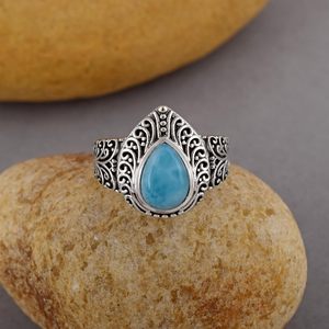 Ensemble de 4 bijoux en pierre de larimar en forme de larme : bague, pendentif, boucles d'oreilles, bracelet, bijoux en pierres précieuses naturelles en argent sterling 925 - Product Image 4