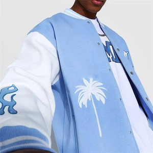 Custom Logo <b>Light</b> Blue Drop Shoulder Bomber <b>Jacket</b> for Men Canvas Fabric with Embroidery Letterman Design Varsity <b>jacket</b> for men - Product Image 3