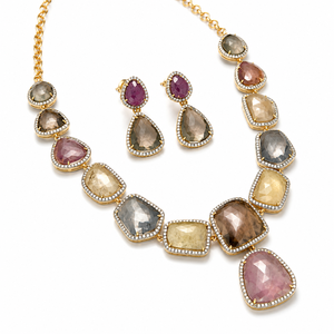 Parure Collier et Boucles d'Oreilles en Argent 925 Plaqué Or avec Pierres Précieuses Multicolores pour Femme, Bijoux Ethniques de Mariée, Vente en Gros, Coffret Cadeau - Product Image 1