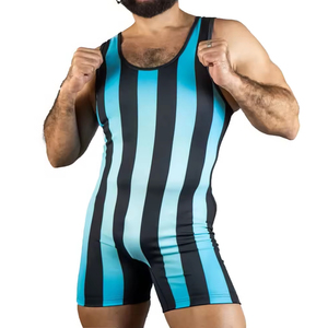 Combinaison de lutte rayée bleue et noire pour homme, ajustée, une pièce, en spandex et polyester extensible, vêtements d'arts martiaux, taille adulte - Product Image 6