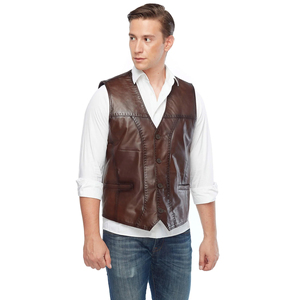 Men's Brown Leather Vest V-Neck Zipper Closure Breathable Casual Outer Wear Regular Fit Winter Street Style - Product Image 2