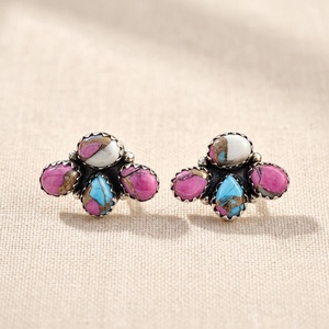 Pendientes de Plata de Ley 925 Hechos a Mano con Turquesa Algodón de Azúcar, Diseño de Flor con Múltiples Piedras, Venta al por Mayor, Estilo Suroeste - Product Image 2