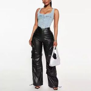 Fabricante de Ropa Personalizada, Pantalones Cargo de Cuero Casuales para Mujer, de Pierna Ancha, Cintura Media, Bolsillos Holgados, Transpirables, para Invierno, Estilo Urbano - Product Image 1