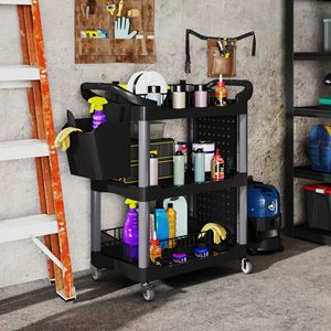Carrello Portautensili a 3 Ripiani, Capacità 200 LBS, Nero e Grigio Chiaro, Carrello Multiuso in Plastica con Ripiano Laterale e Secchio - Product Image 2