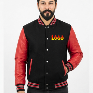 Blouson universitaire noir tendance pour homme, personnalisé OEM, avec manches en cuir rouge, col montant color block, fermeture boutonnée, collection 2026 - Product Image 1
