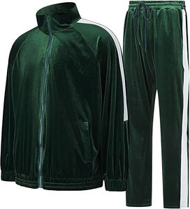Chándal de terciopelo verde para hombre, con cremallera de manga larga, informal, para correr, de color sólido, con bolsillos laterales, para otoño - Product Image 2
