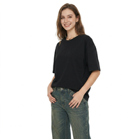Camiseta Negra Lisa de Cuello Redondo para Mujer, Talla Grande, Manga Regular, Tejido Jersey, Estilo Casual, Ecológica