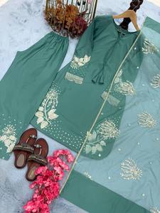 Conjunto Premium de Kurta y Palazzo de Crepé Natural Bordado, Sin Arrugas, Elástico, para Todas las Temporadas, con Dupatta de Organza Suave para Mujer - Product Image 4