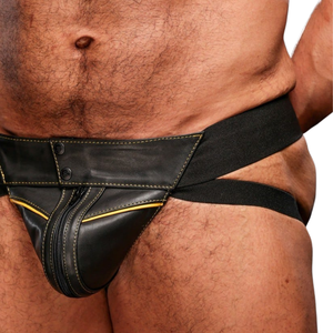 Jockstrap de Cuero para Hombre, Estilo Deportivo, con Ribete Naranja, Ropa Interior Fetiche de Cuero Premium, Tirantes Ajustables - Product Image 6